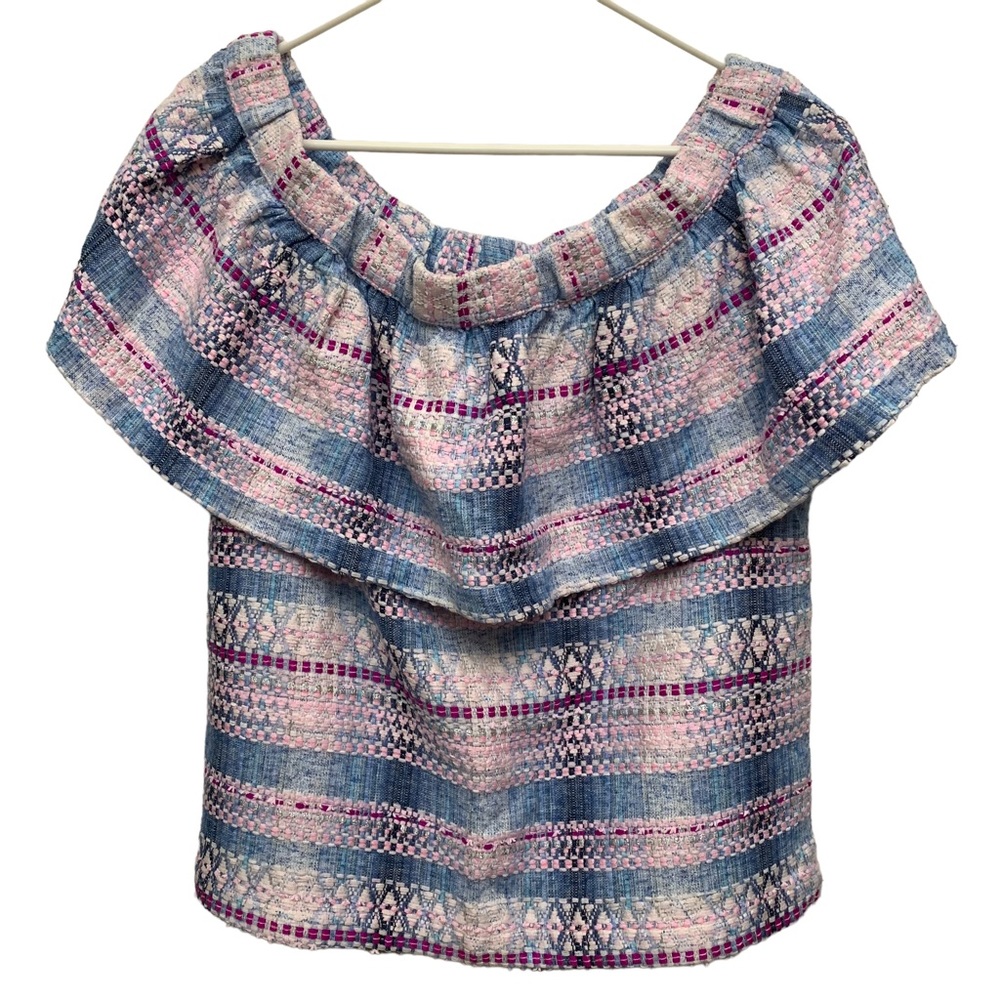 Anthropologie x Koch Off Shoulder Ruffle Woven Top Boho Metallic Stripe